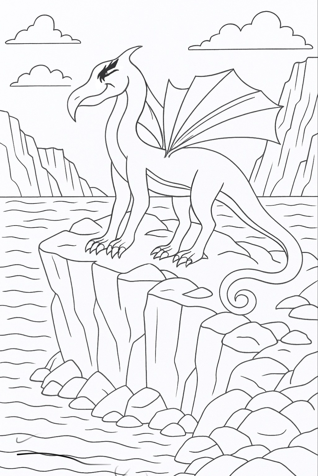 Finished coloring page of a dragon on rocky cliffs above water
