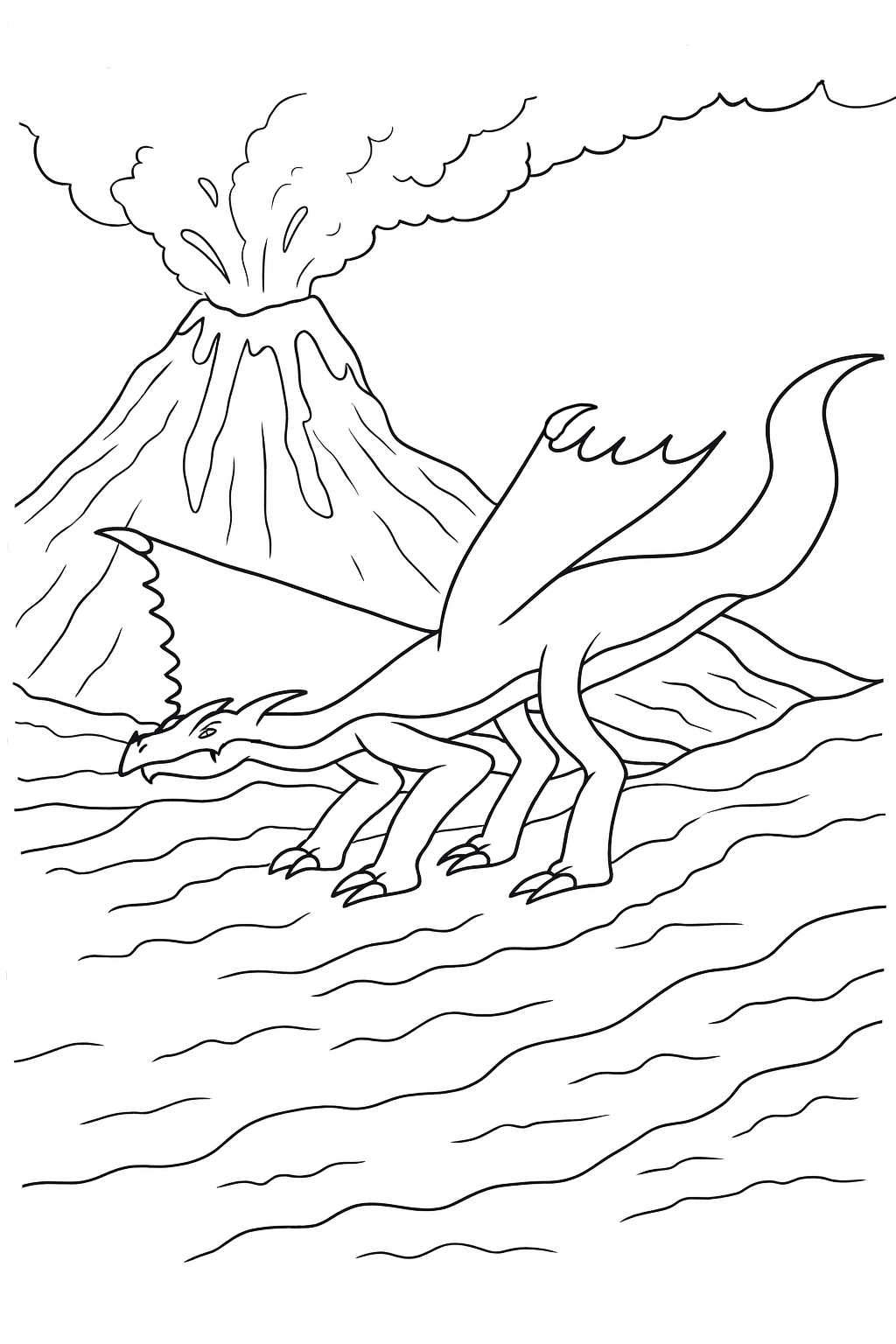 Finished coloring page of a dragon near an erupting volcano