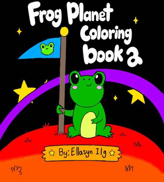Frog Planet coloring book cover — a cheerful frog astronaut waving on a green planet